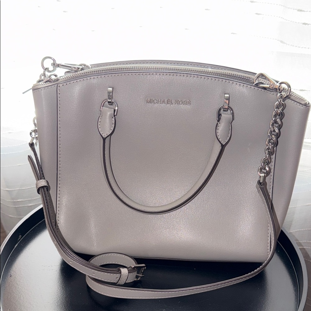 Michael Kors Gray Pebbled Leather Satchel with Chain Strap